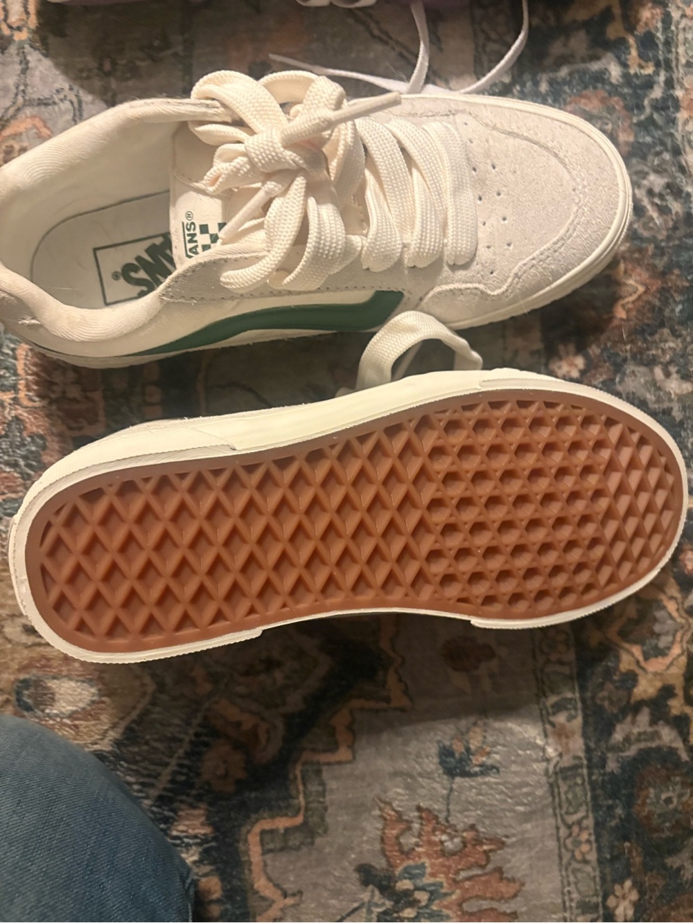 Vans Old Skool Sneakers in White with Green Stripe and Gum Sole